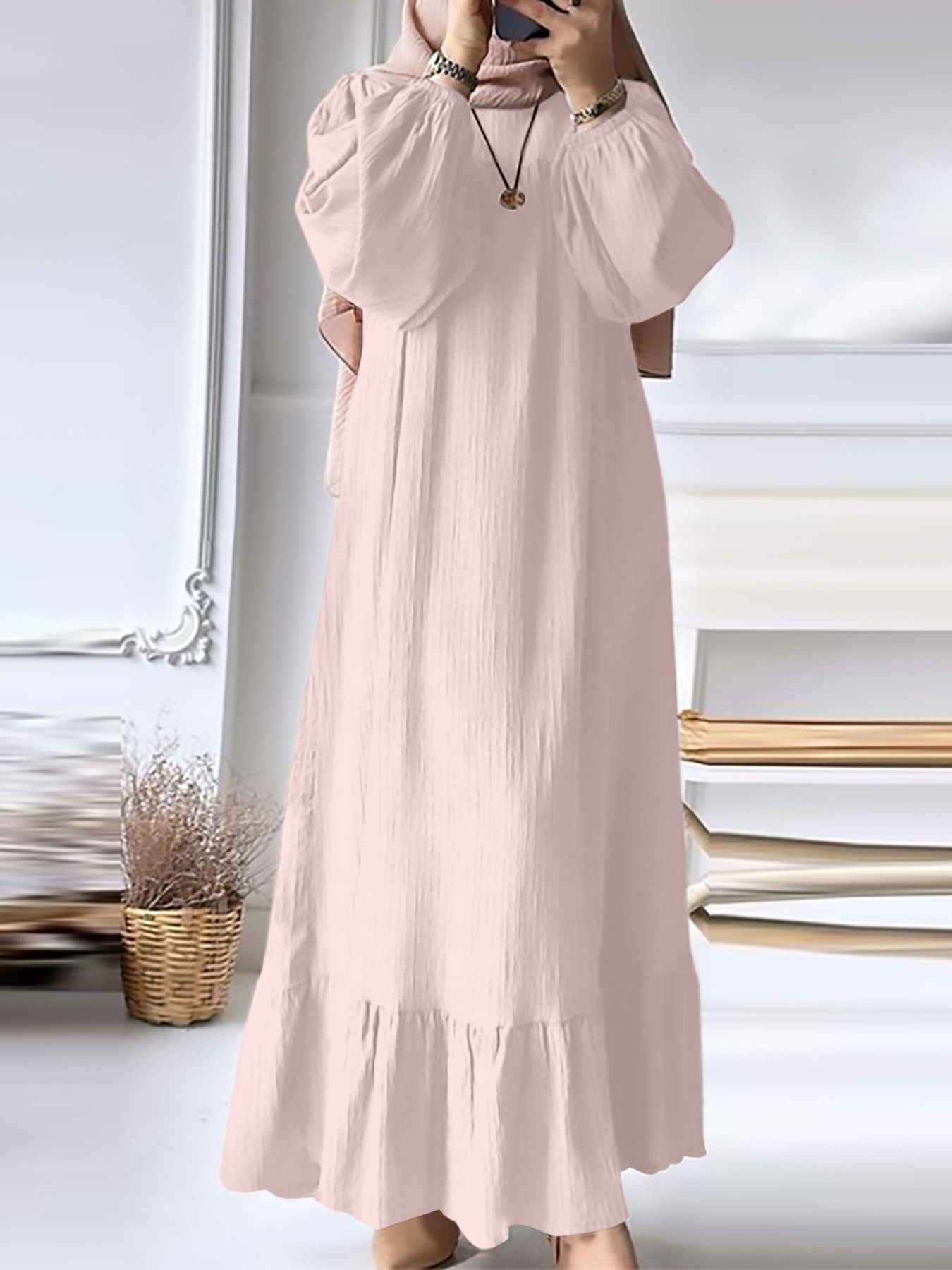 New Muslim Women Robe Dress Spring Autumn Fashion Long Sleeve Ruffle Abaya Mid East Lady Casual A-line Dresses