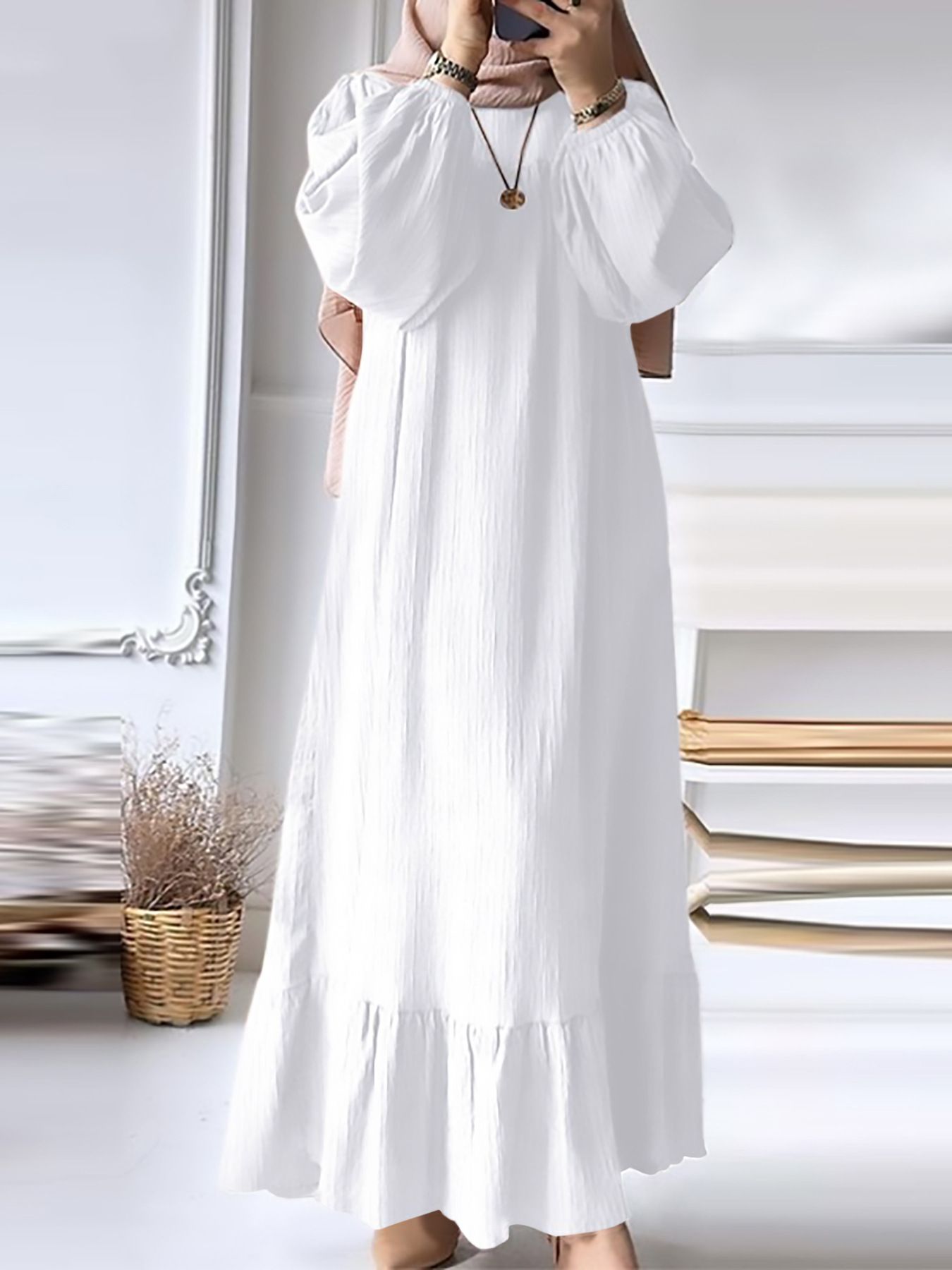 New Muslim Women Robe Dress Spring Autumn Fashion Long Sleeve Ruffle Abaya Mid East Lady Casual A-line Dresses