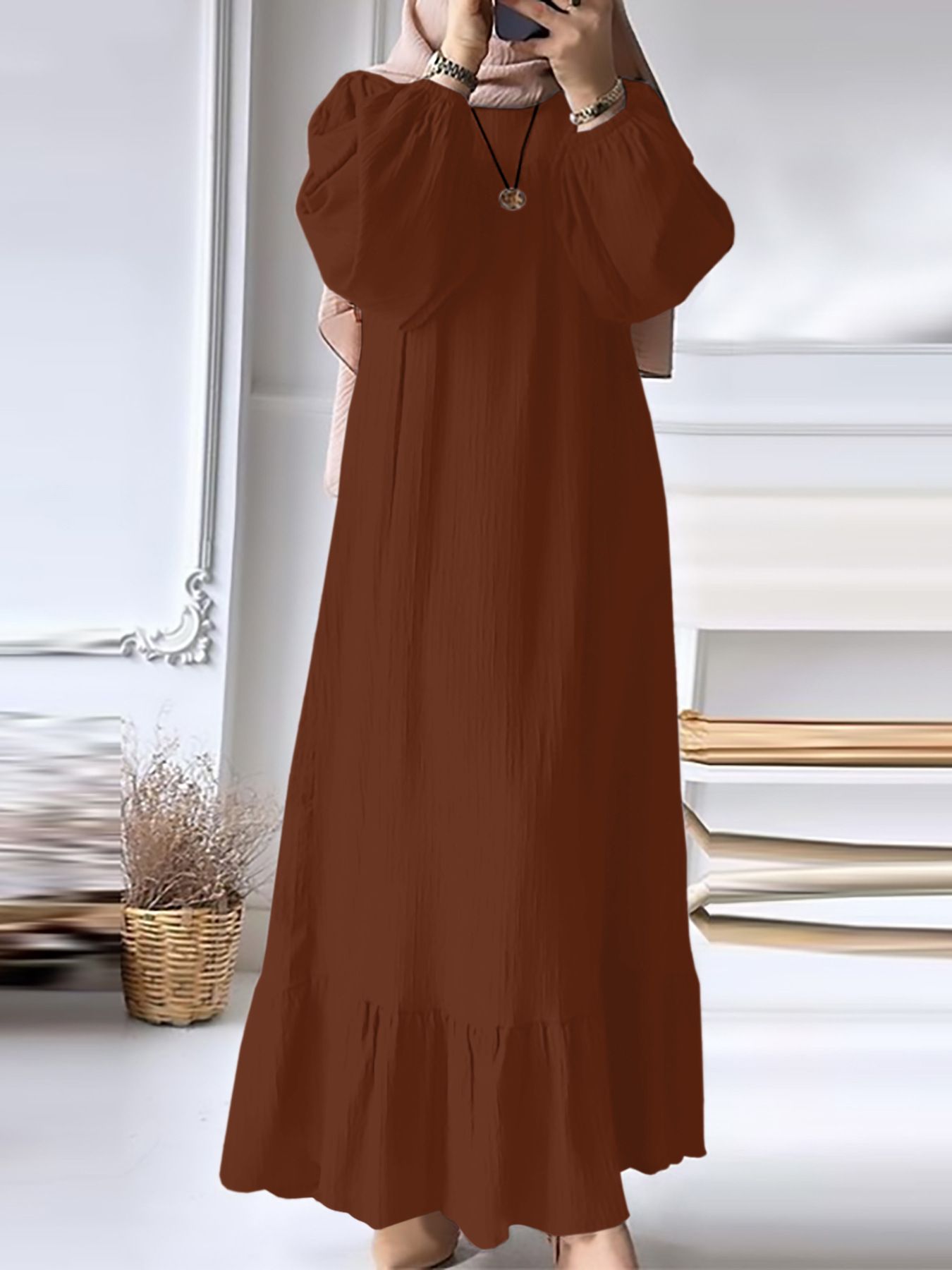 New Muslim Women Robe Dress Spring Autumn Fashion Long Sleeve Ruffle Abaya Mid East Lady Casual A-line Dresses