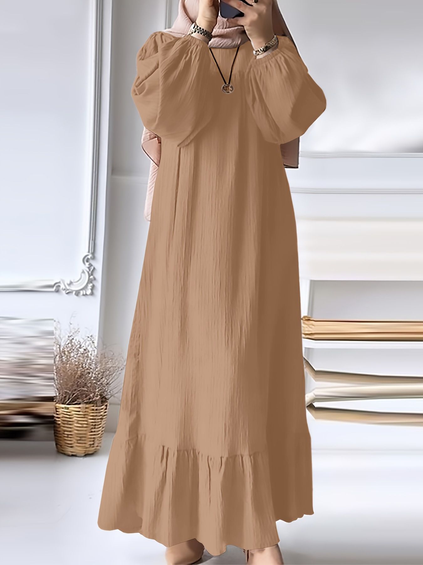 New Muslim Women Robe Dress Spring Autumn Fashion Long Sleeve Ruffle Abaya Mid East Lady Casual A-line Dresses