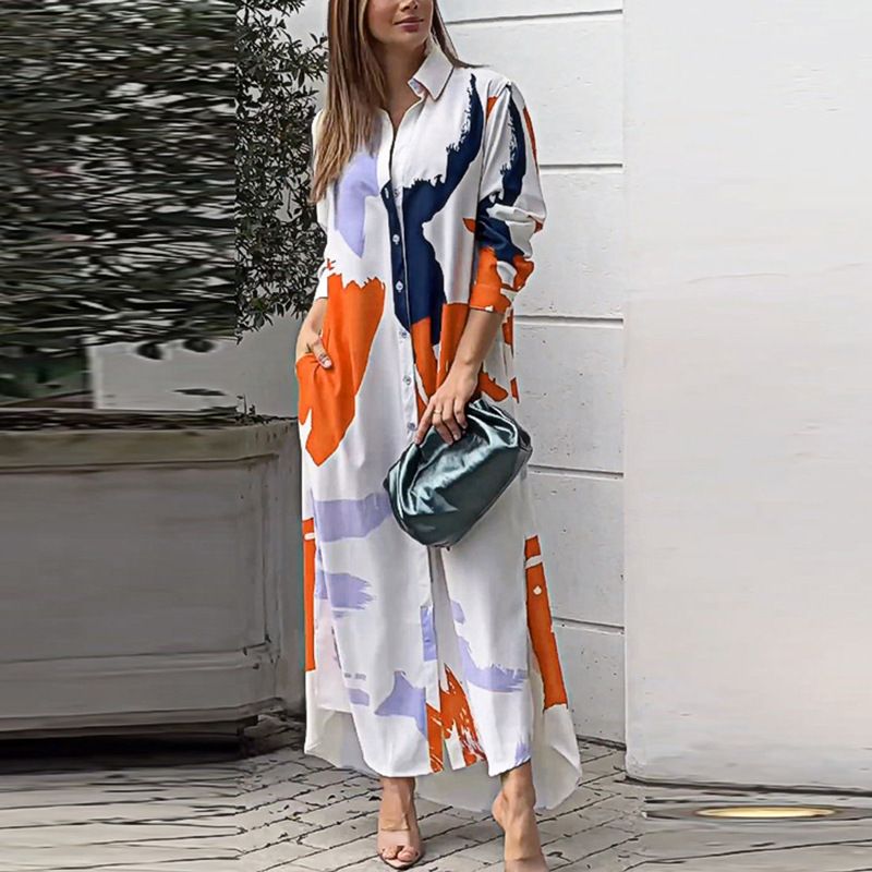 New Women Single Breasted Shirt Dress Turn Down Collar Pocketed Slit Maxi Dress Spring Autumn Lady Casual Printed Dresses