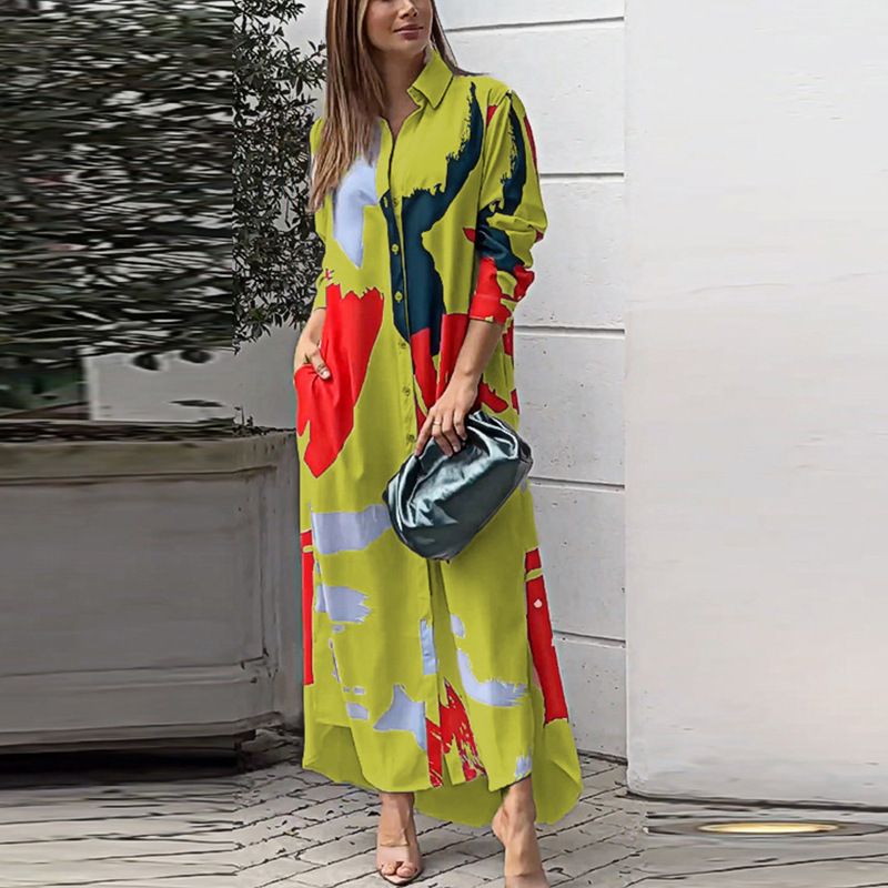 New Women Single Breasted Shirt Dress Turn Down Collar Pocketed Slit Maxi Dress Spring Autumn Lady Casual Printed Dresses