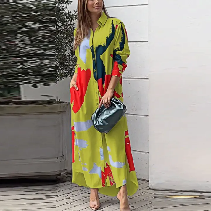 New Women Single Breasted Shirt Dress Turn Down Collar Pocketed Slit Maxi Dress Spring Autumn Lady Casual Printed Dresses