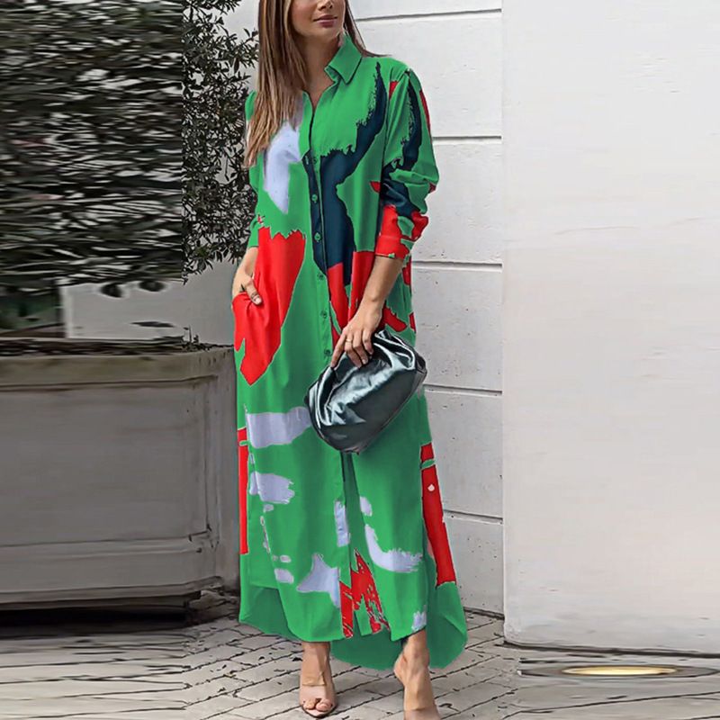 New Women Single Breasted Shirt Dress Turn Down Collar Pocketed Slit Maxi Dress Spring Autumn Lady Casual Printed Dresses