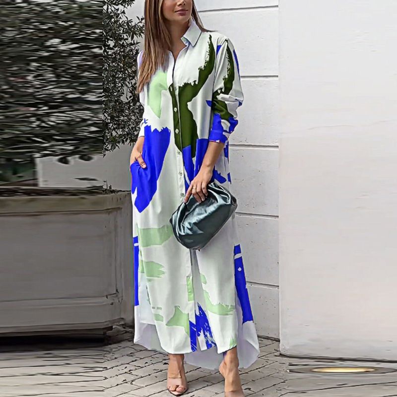 New Women Single Breasted Shirt Dress Turn Down Collar Pocketed Slit Maxi Dress Spring Autumn Lady Casual Printed Dresses
