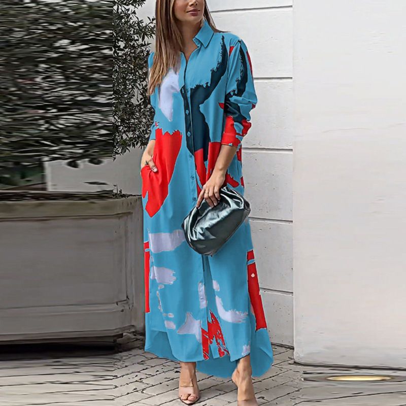New Women Single Breasted Shirt Dress Turn Down Collar Pocketed Slit Maxi Dress Spring Autumn Lady Casual Printed Dresses