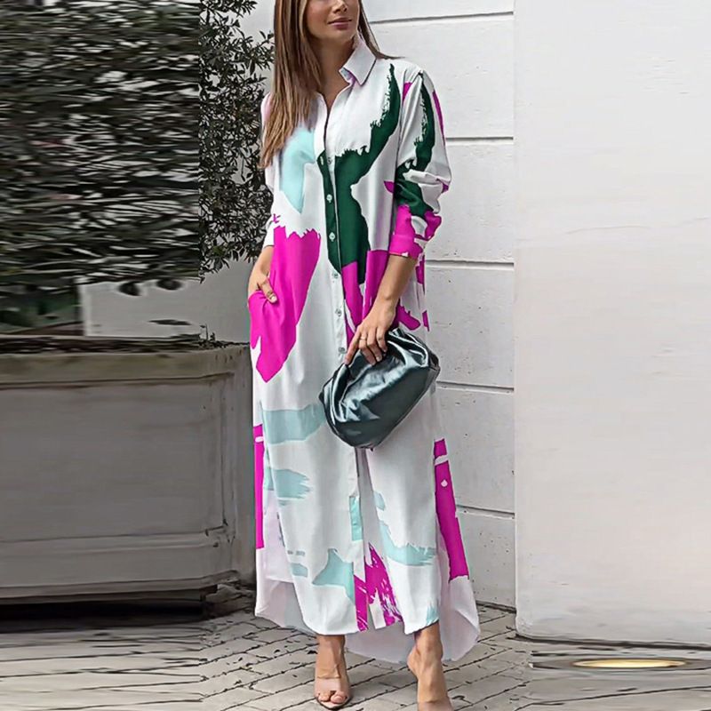 New Women Single Breasted Shirt Dress Turn Down Collar Pocketed Slit Maxi Dress Spring Autumn Lady Casual Printed Dresses