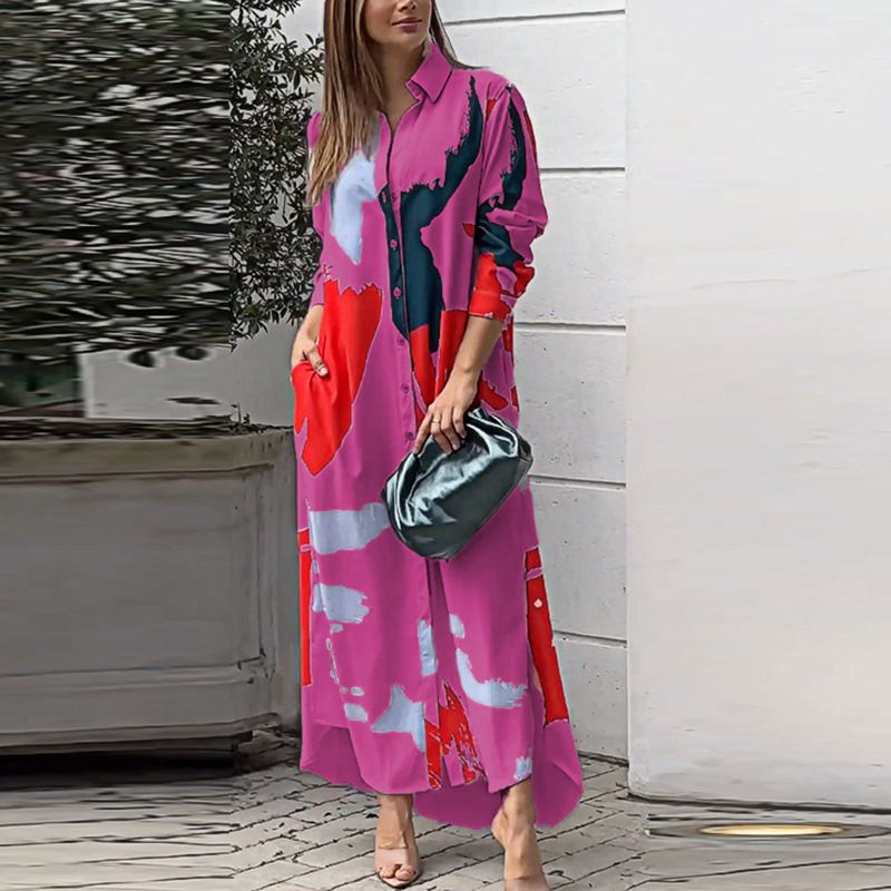 New Women Single Breasted Shirt Dress Turn Down Collar Pocketed Slit Maxi Dress Spring Autumn Lady Casual Printed Dresses