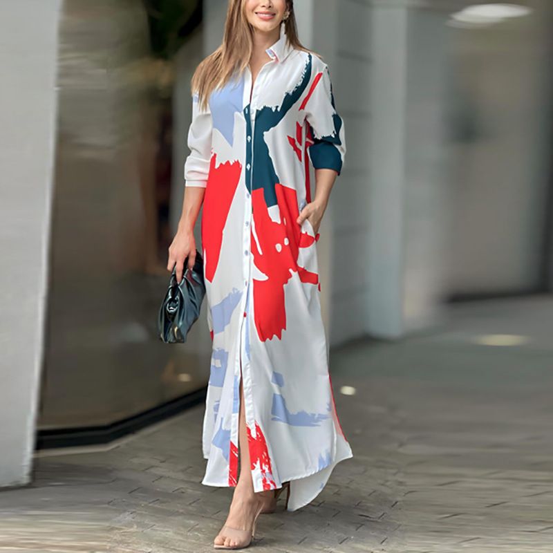 New Women Single Breasted Shirt Dress Turn Down Collar Pocketed Slit Maxi Dress Spring Autumn Lady Casual Printed Dresses
