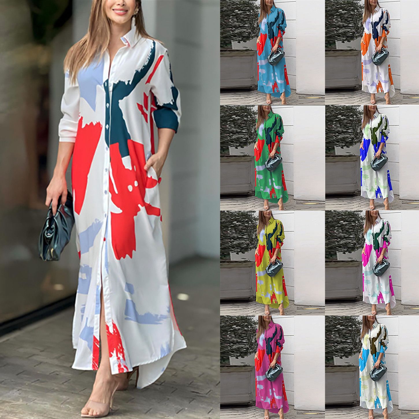 New Women Single Breasted Shirt Dress Turn Down Collar Pocketed Slit Maxi Dress Spring Autumn Lady Casual Printed Dresses