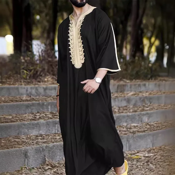 Robe Muslim Kaftan Half Sleeve V Neck Vintage Casual Dubai Saudi Arabia Men Clothing Embroidery Jubba Thobe