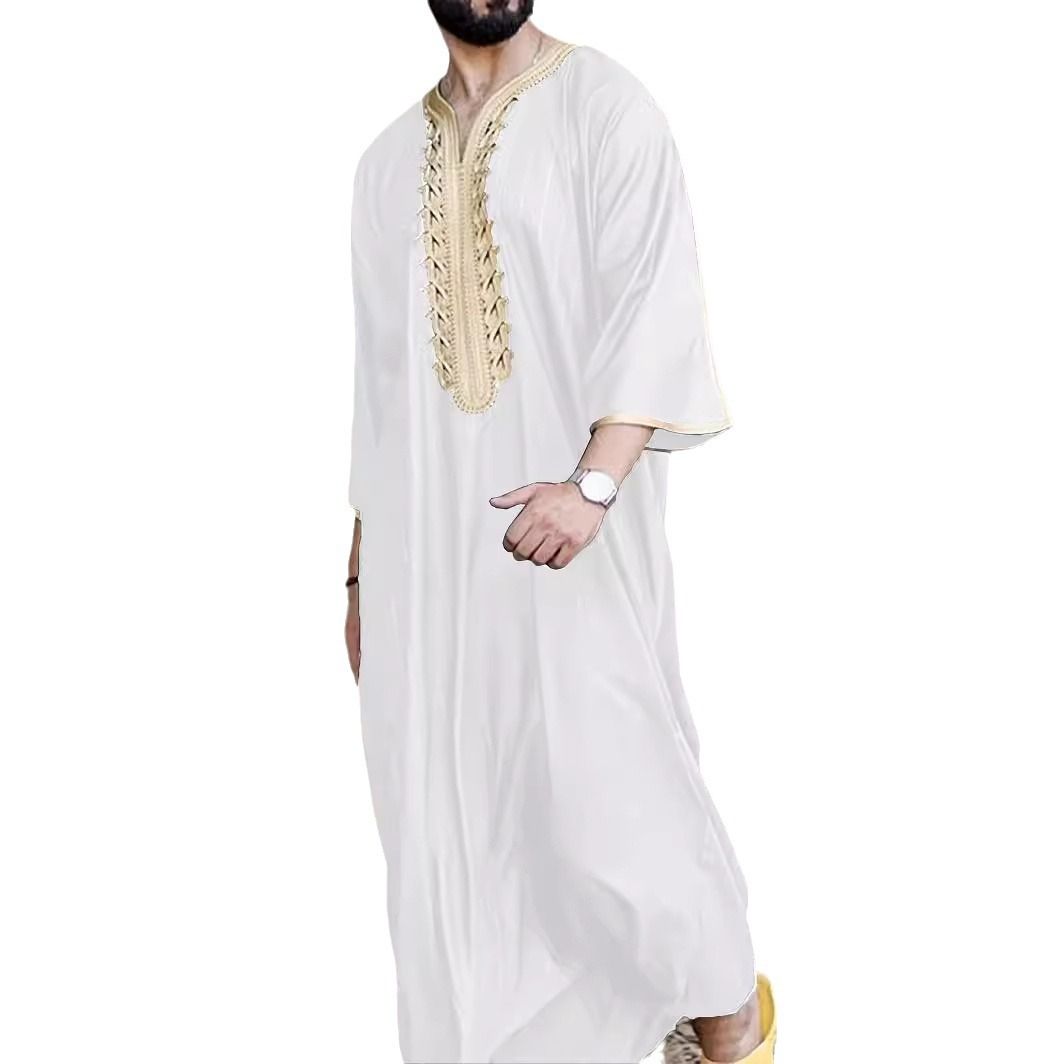 Robe Muslim Kaftan Half Sleeve V Neck Vintage Casual Dubai Saudi Arabia Men Clothing Embroidery Jubba Thobe