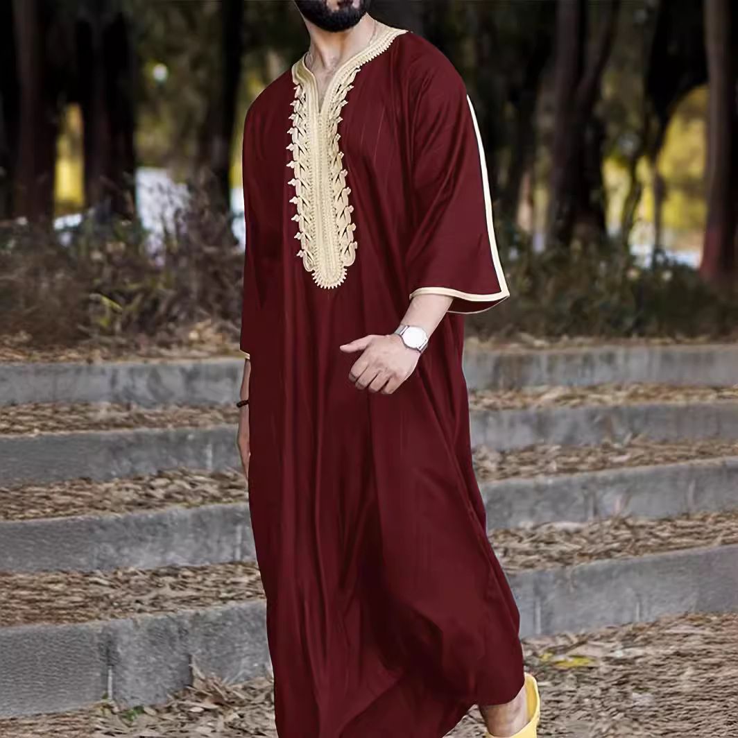 Robe Muslim Kaftan Half Sleeve V Neck Vintage Casual Dubai Saudi Arabia Men Clothing Embroidery Jubba Thobe