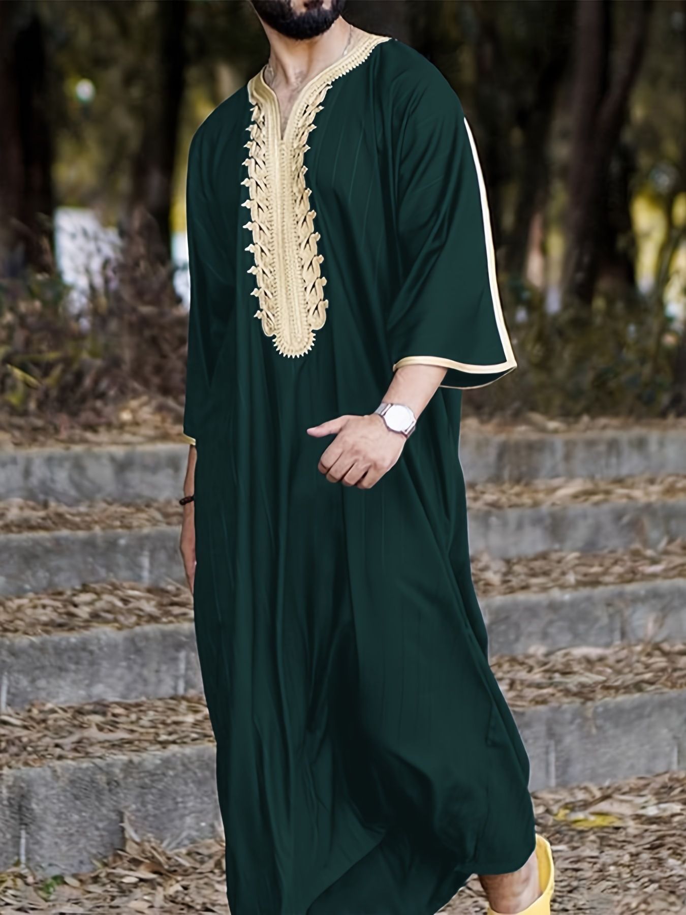 Robe Muslim Kaftan Half Sleeve V Neck Vintage Casual Dubai Saudi Arabia Men Clothing Embroidery Jubba Thobe