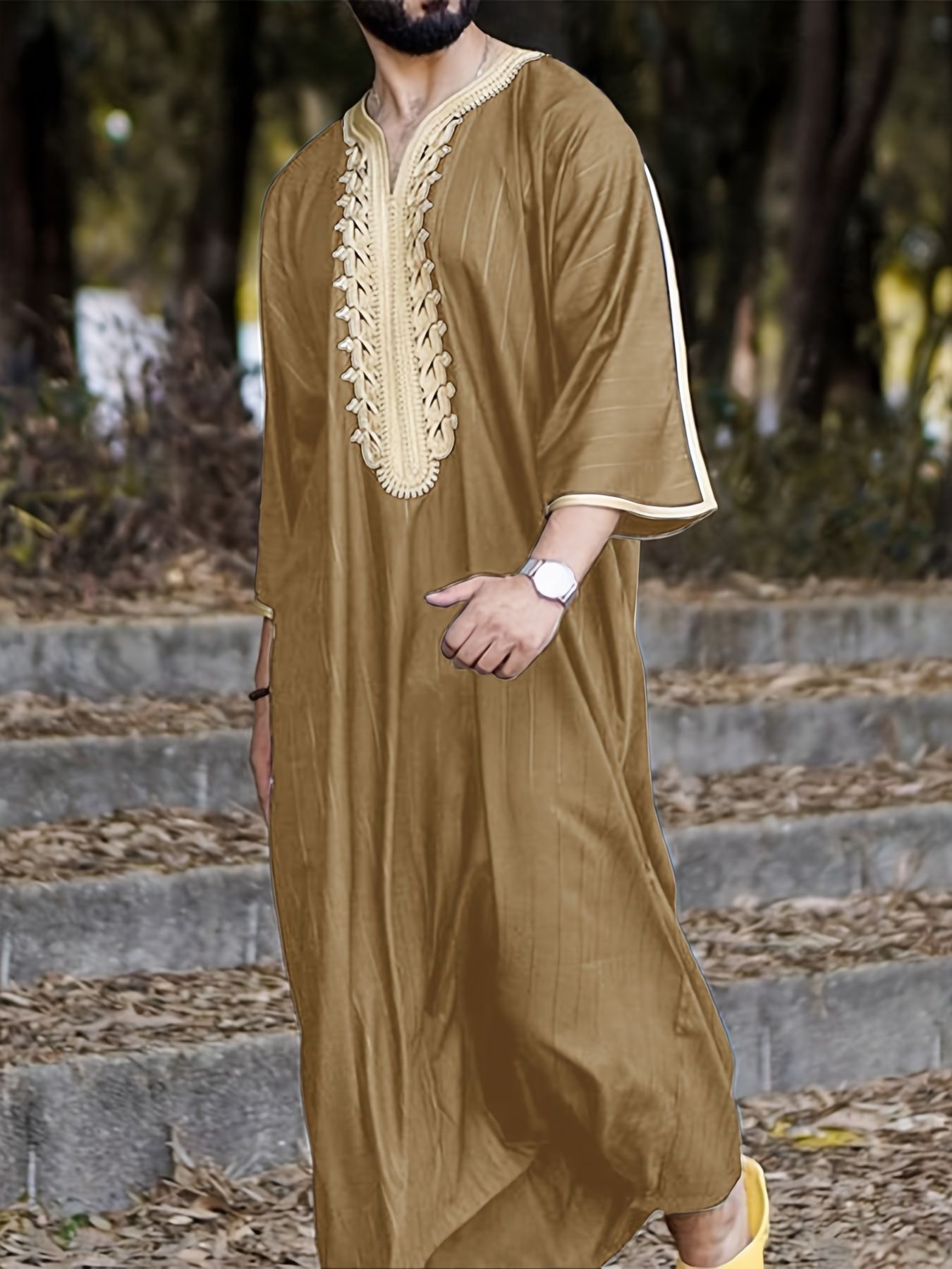 Robe Muslim Kaftan Half Sleeve V Neck Vintage Casual Dubai Saudi Arabia Men Clothing Embroidery Jubba Thobe