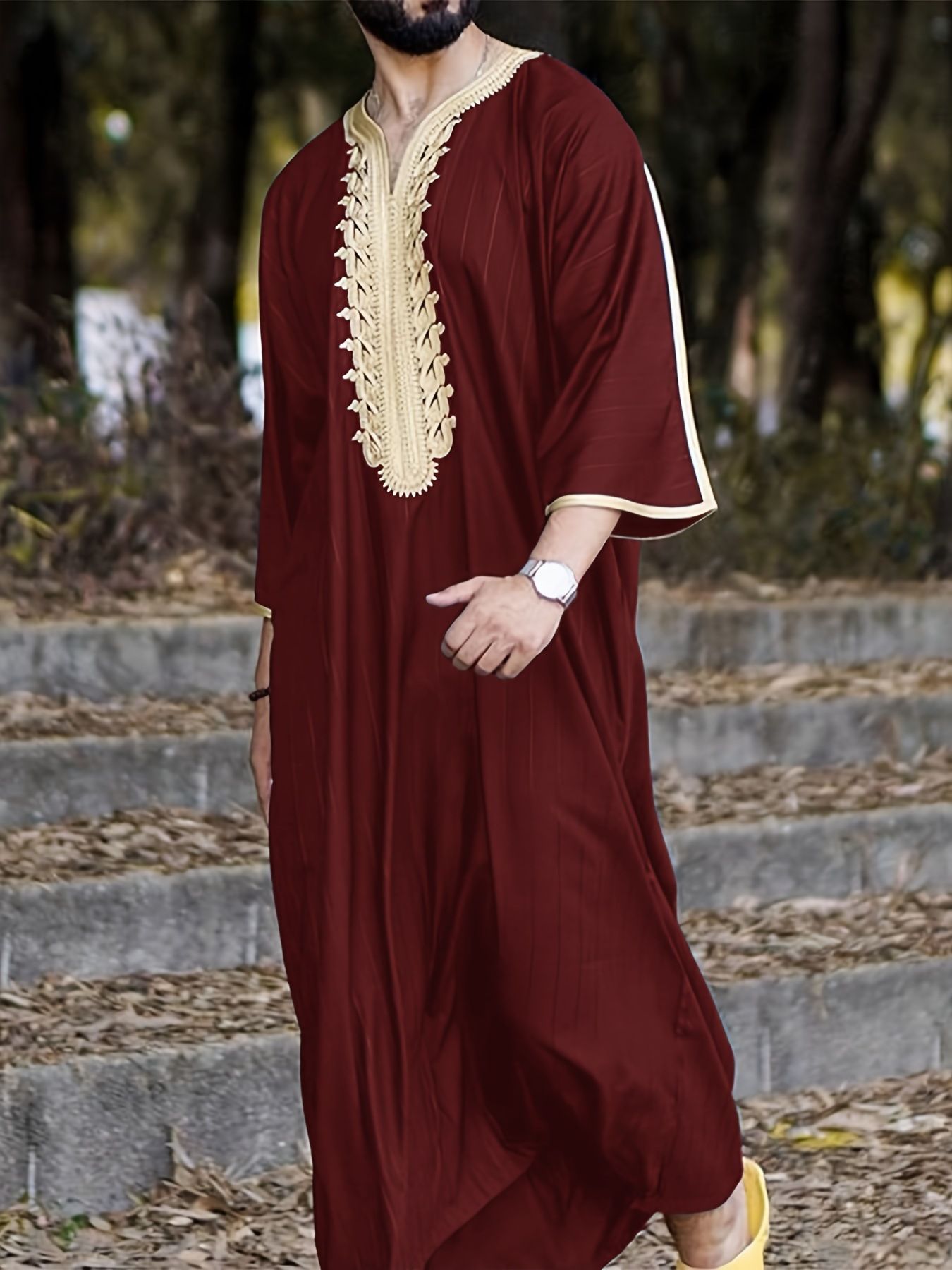 Robe Muslim Kaftan Half Sleeve V Neck Vintage Casual Dubai Saudi Arabia Men Clothing Embroidery Jubba Thobe