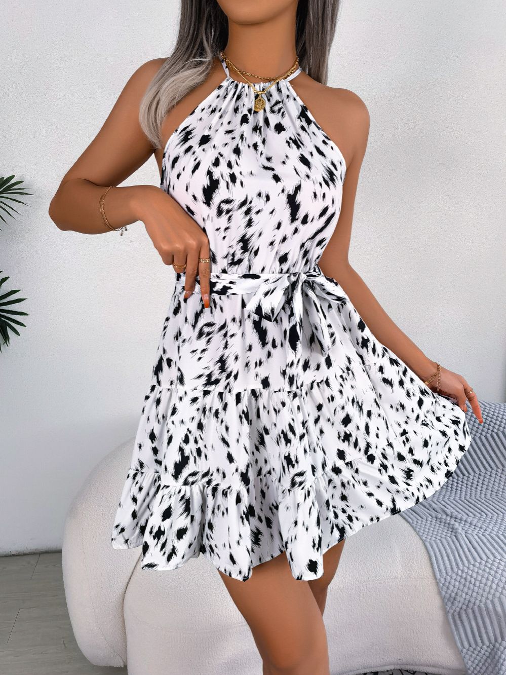 Summer Casual Sexy Leopard Print Ruffled Skirt Beautiful Halter Short Chiffon Dresses Outfits For Women