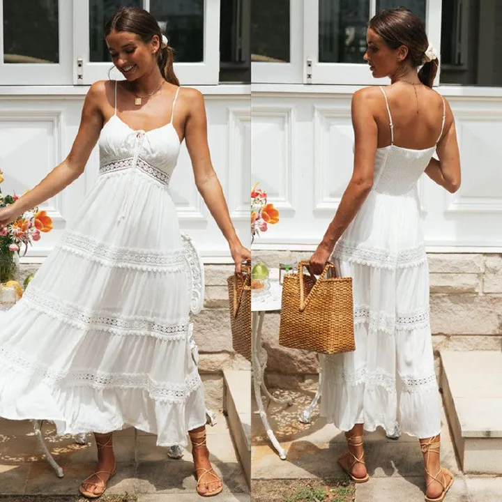 Women Summer Plus Size Dress Bohemian Style Halter Beach Dress Lace Stitching Elegant Casual Dress