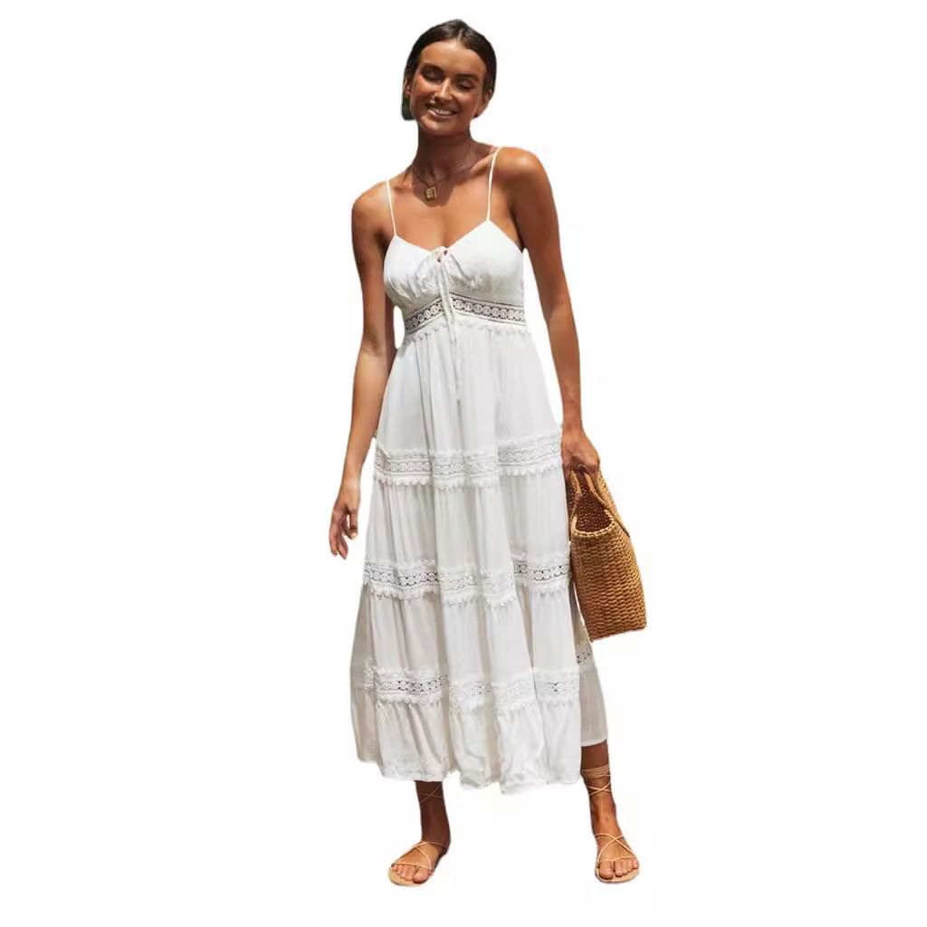 Women Summer Plus Size Dress Bohemian Style Halter Beach Dress Lace Stitching Elegant Casual Dress