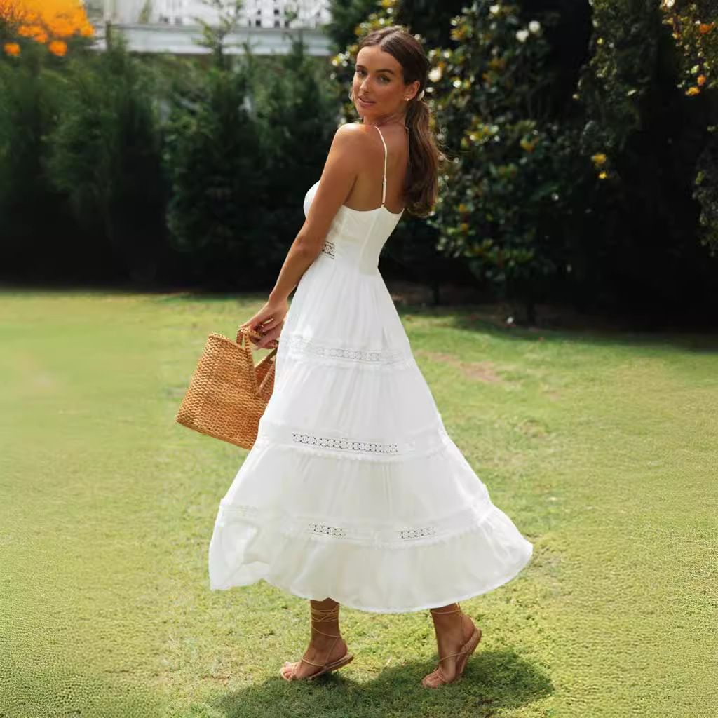 Women Summer Plus Size Dress Bohemian Style Halter Beach Dress Lace Stitching Elegant Casual Dress