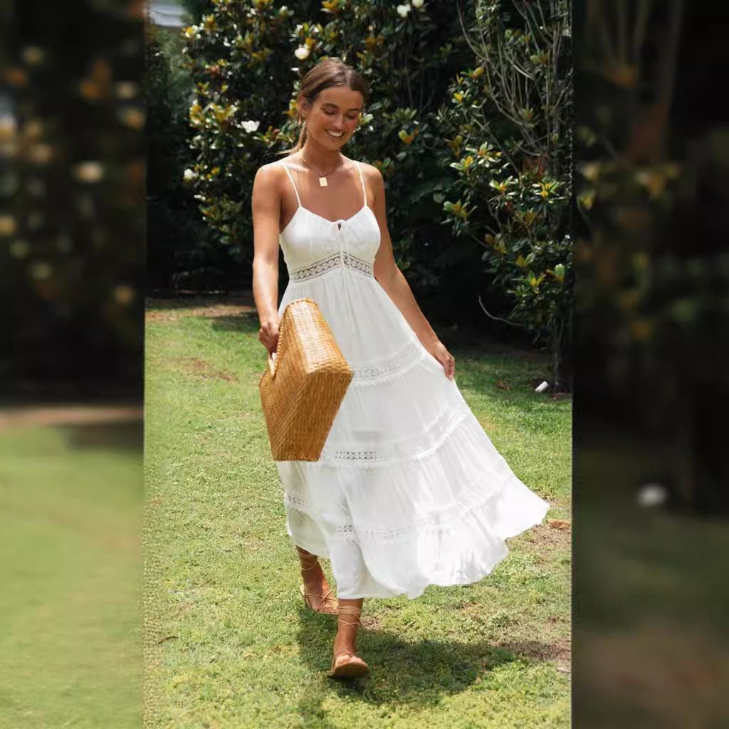 Women Summer Plus Size Dress Bohemian Style Halter Beach Dress Lace Stitching Elegant Casual Dress