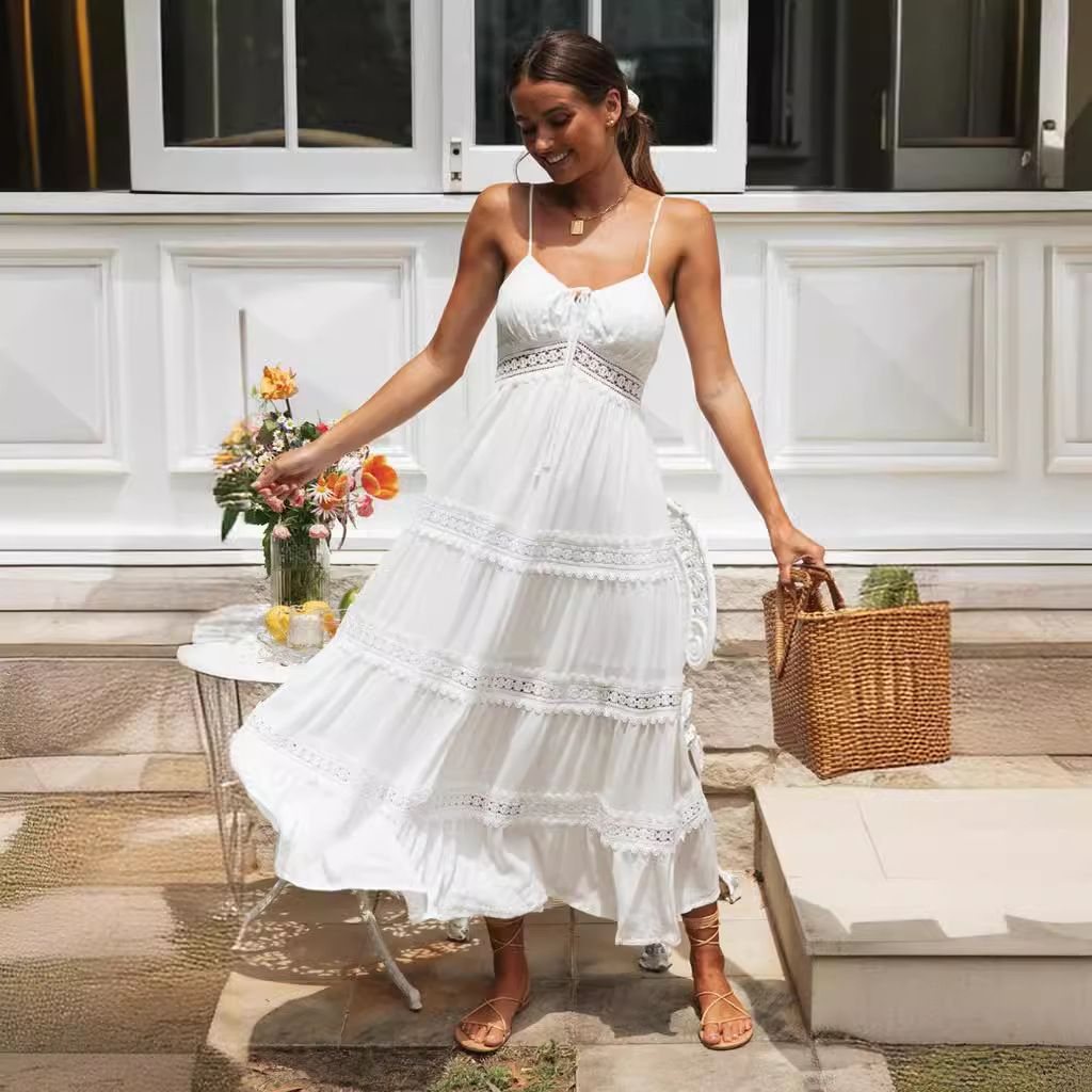 Women Summer Plus Size Dress Bohemian Style Halter Beach Dress Lace Stitching Elegant Casual Dress
