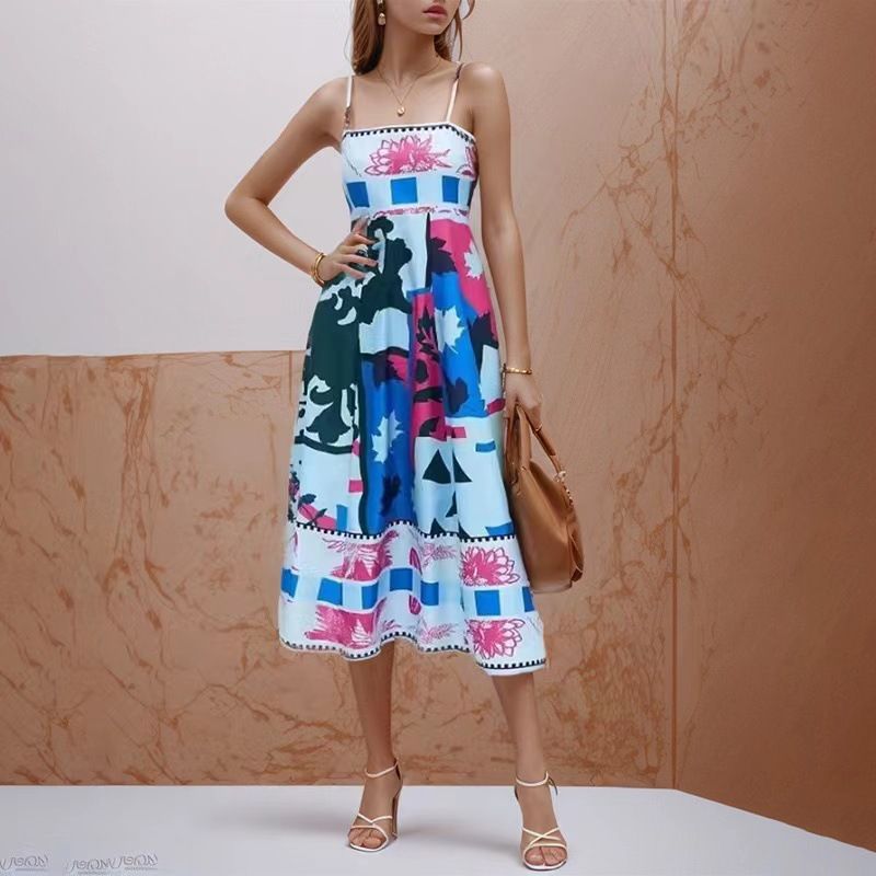 Women's Summer Bohemian Long Chiffon Dress A-Line Spaghetti Slip Beach Casual Dress
