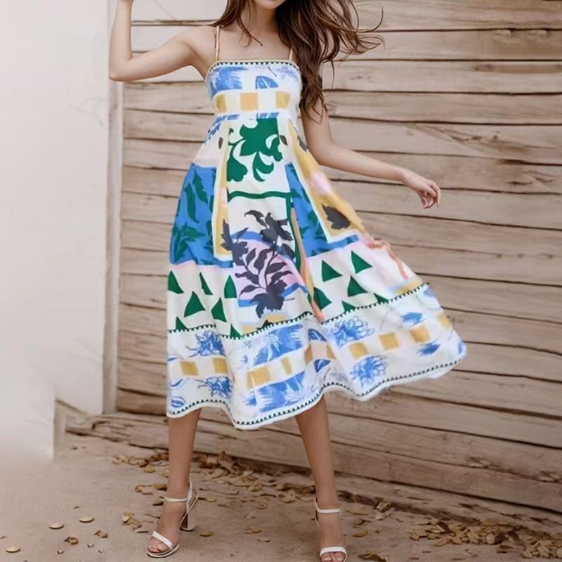 Women's Summer Bohemian Long Chiffon Dress A-Line Spaghetti Slip Beach Casual Dress