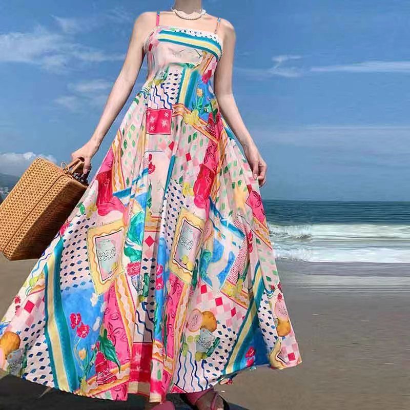 Women's Summer Bohemian Long Chiffon Dress A-Line Spaghetti Slip Beach Casual Dress