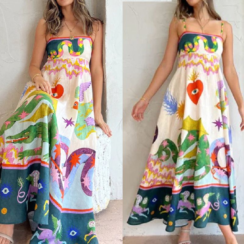 Women's Summer Bohemian Long Chiffon Dress A-Line Spaghetti Slip Beach Casual Dress