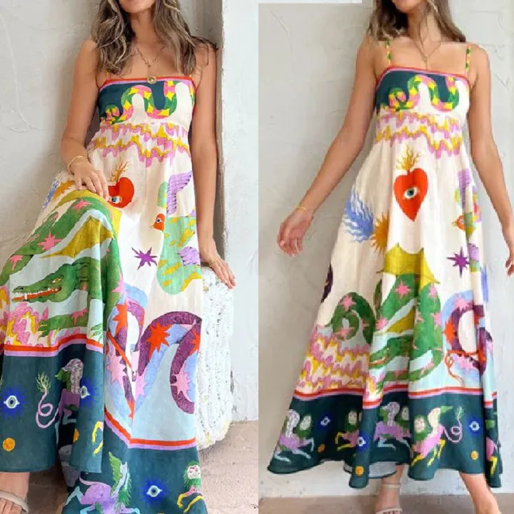 Women's Summer Bohemian Long Chiffon Dress A-Line Spaghetti Slip Beach Casual Dress