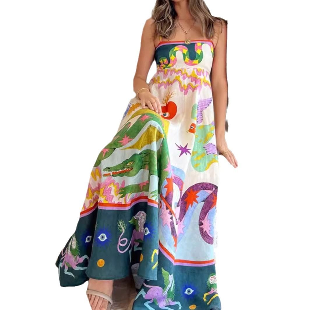 Women's Summer Bohemian Long Chiffon Dress A-Line Spaghetti Slip Beach Casual Dress