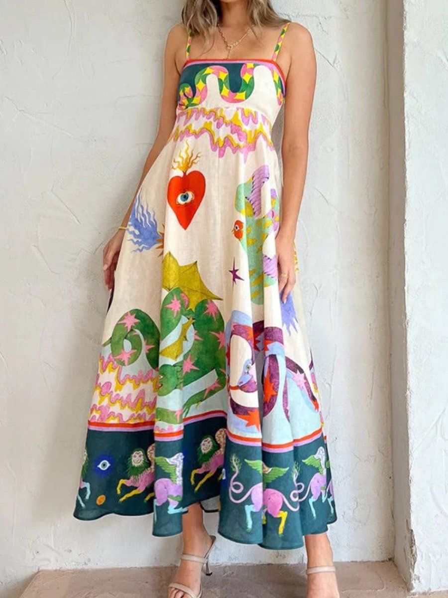 Women's Summer Bohemian Long Chiffon Dress A-Line Spaghetti Slip Beach Casual Dress