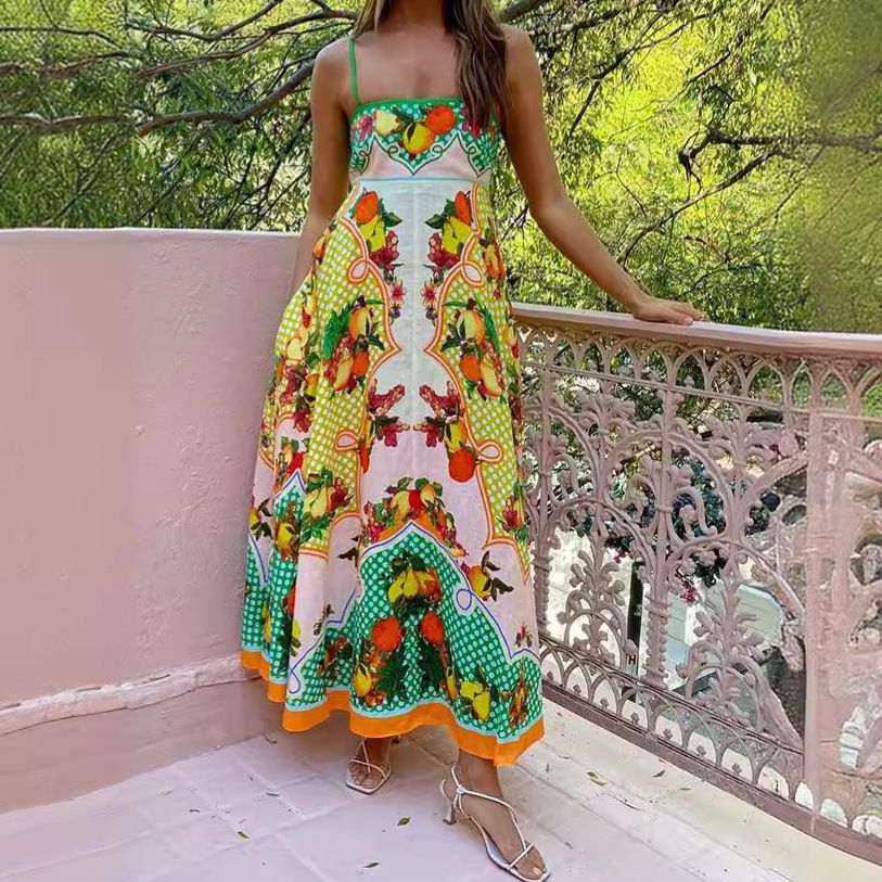 Lady Rural Style Floral Print Sling Dress Back Elastic Patchwork Slip Dress Women Fashion Halter Maxi Dress