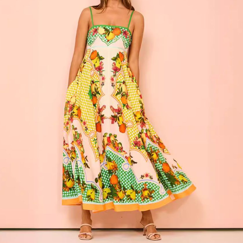 Lady Rural Style Floral Print Sling Dress Back Elastic Patchwork Slip Dress Women Fashion Halter Maxi Dress