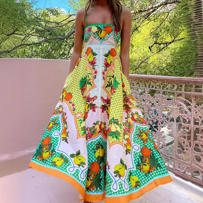Lady Rural Style Floral Print Sling Dress Back Elastic Patchwork Slip Dress Women Fashion Halter Maxi Dress