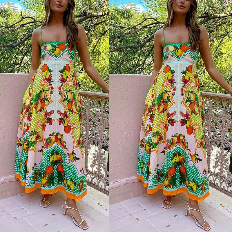 Lady Rural Style Floral Print Sling Dress Back Elastic Patchwork Slip Dress Women Fashion Halter Maxi Dress