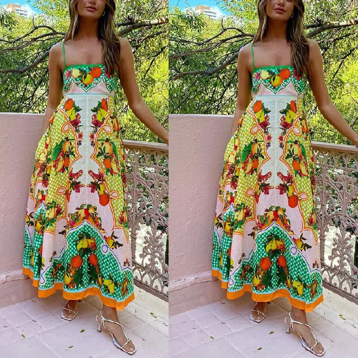 Lady Rural Style Floral Print Sling Dress Back Elastic Patchwork Slip Dress Women Fashion Halter Maxi Dress