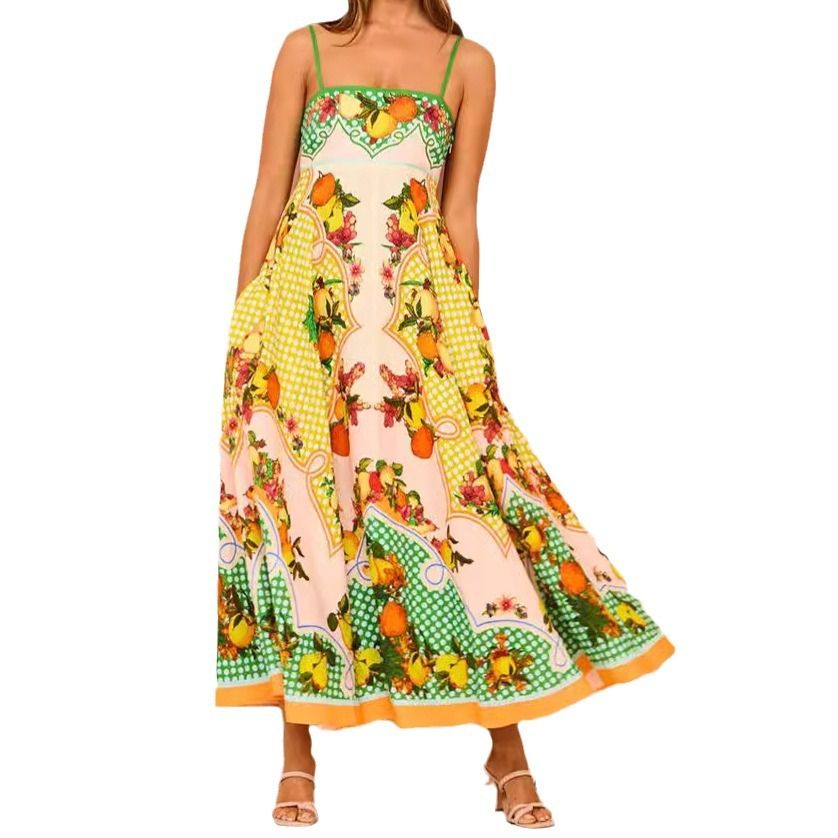 Lady Rural Style Floral Print Sling Dress Back Elastic Patchwork Slip Dress Women Fashion Halter Maxi Dress