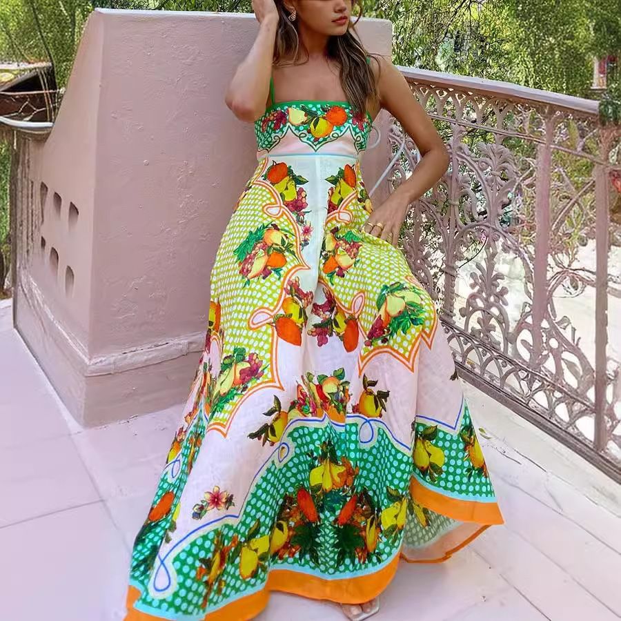 Lady Rural Style Floral Print Sling Dress Back Elastic Patchwork Slip Dress Women Fashion Halter Maxi Dress
