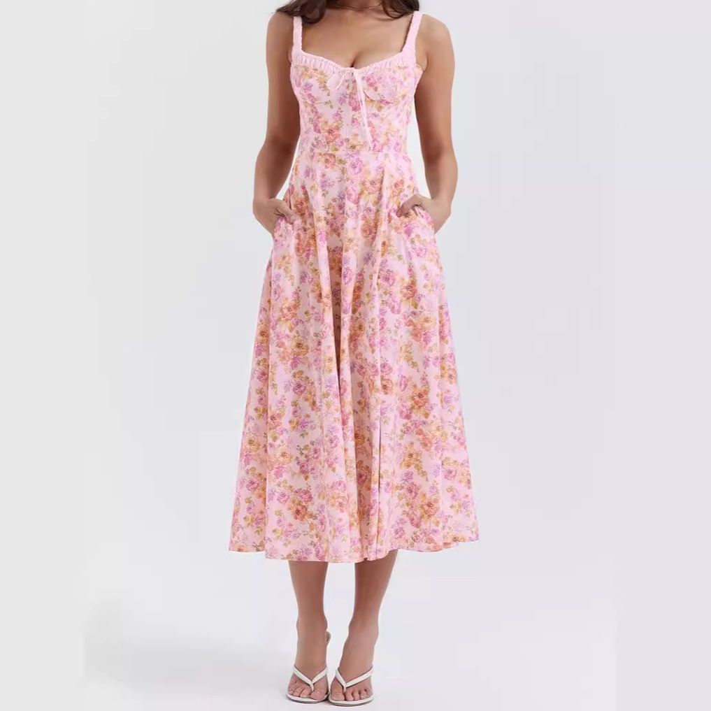 Summer Women Casual Dress Elegant Sleeveless Floral Print Backless Maxi Dress woman dress