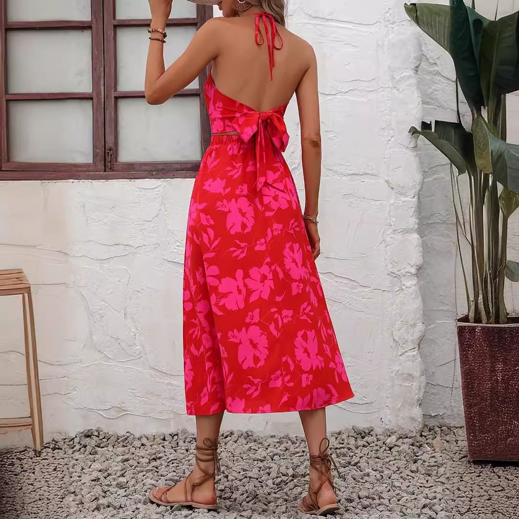 Womens Flowy Smocked Elastic Waist Short Sleeve V Neck Floral Midi Dress Casual Spring Summer Sun Dress for Women