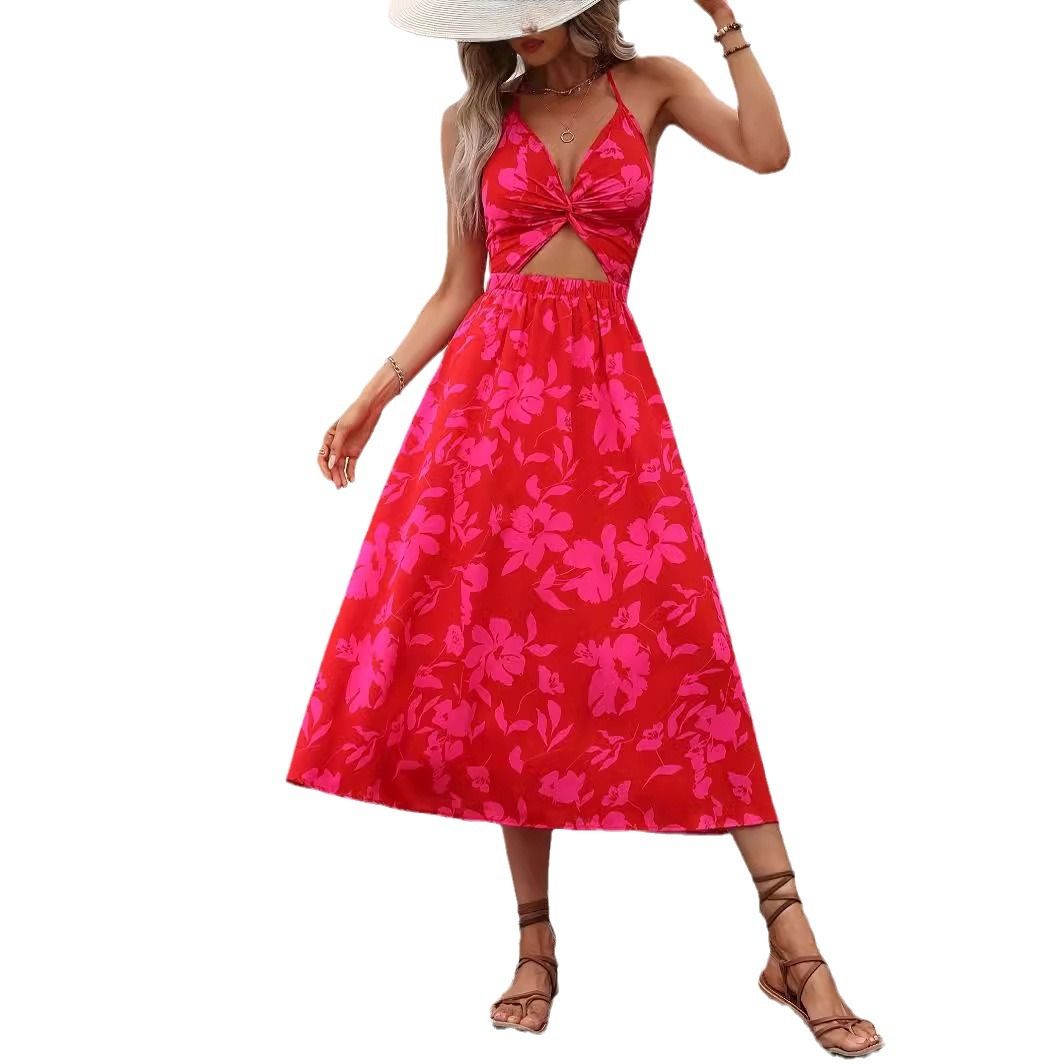 Womens Flowy Smocked Elastic Waist Short Sleeve V Neck Floral Midi Dress Casual Spring Summer Sun Dress for Women