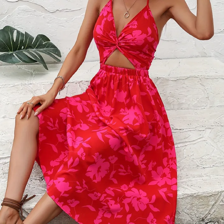 Womens Flowy Smocked Elastic Waist Short Sleeve V Neck Floral Midi Dress Casual Spring Summer Sun Dress for Women