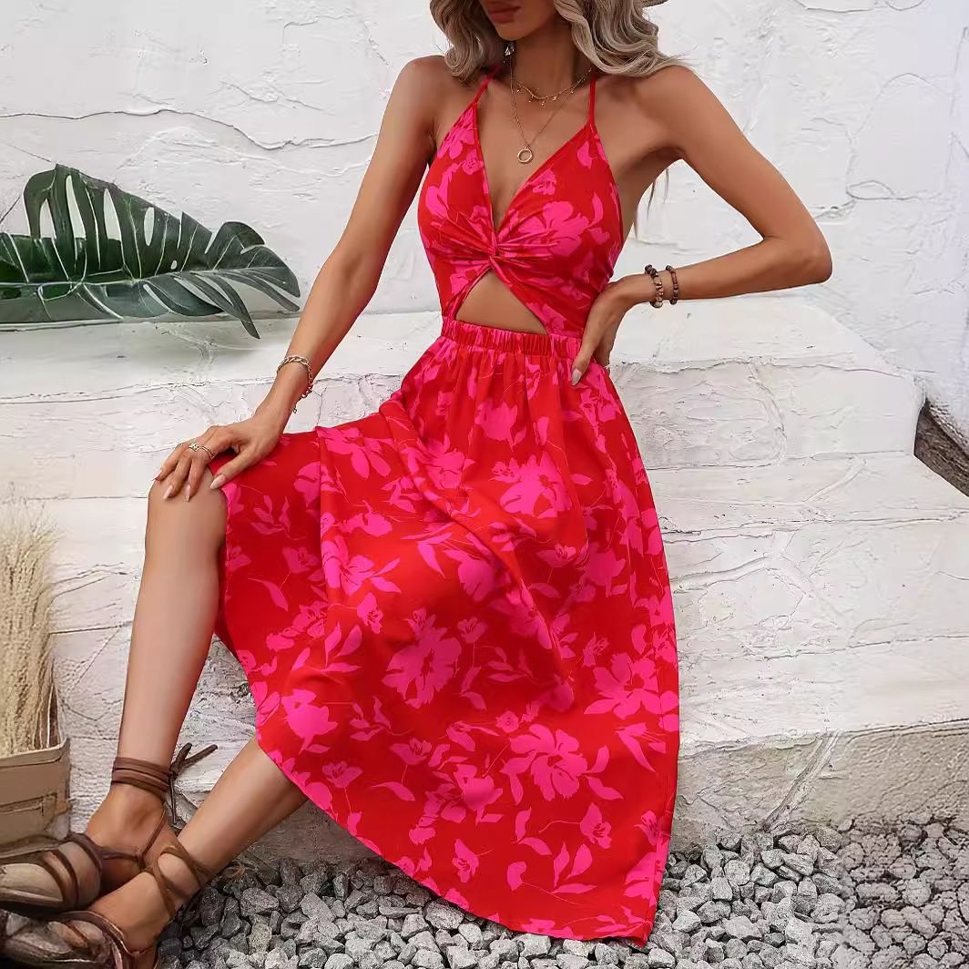 Womens Flowy Smocked Elastic Waist Short Sleeve V Neck Floral Midi Dress Casual Spring Summer Sun Dress for Women