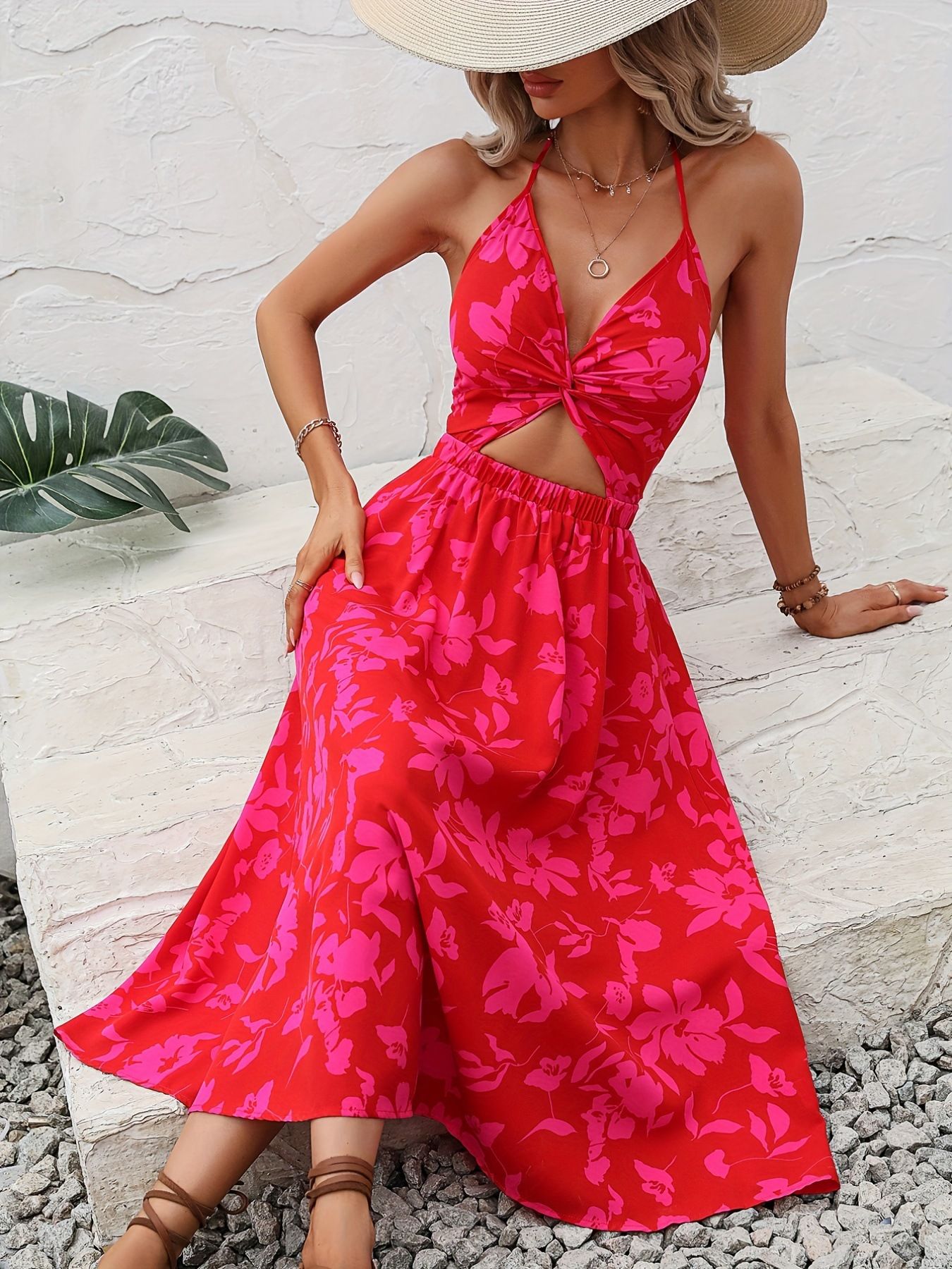 Womens Flowy Smocked Elastic Waist Short Sleeve V Neck Floral Midi Dress Casual Spring Summer Sun Dress for Women
