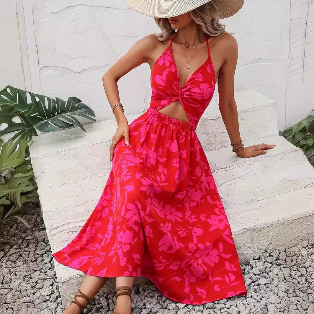 Womens Flowy Smocked Elastic Waist Short Sleeve V Neck Floral Midi Dress Casual Spring Summer Sun Dress for Women