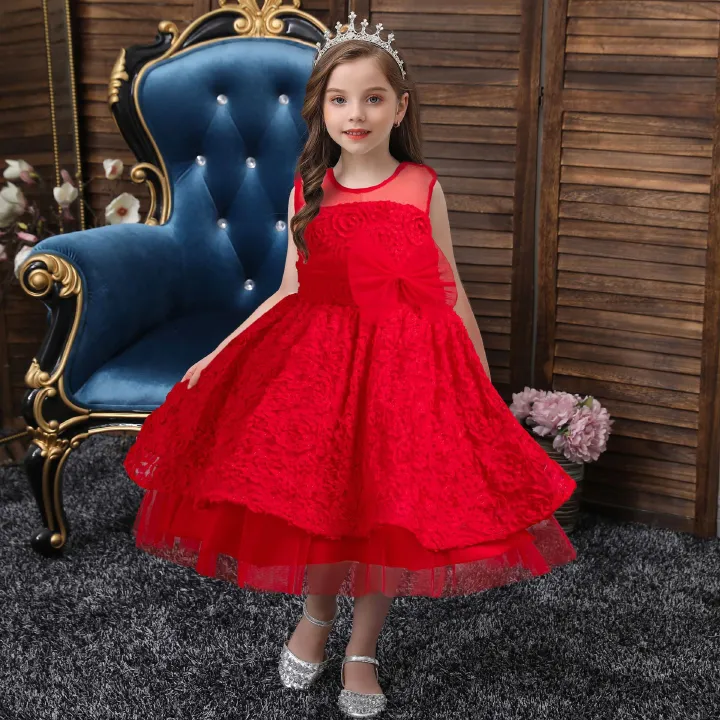 Elegant Style flower dresses for girls of 10 year old Fluffy Summer girls birthday party dresses red kid prom wedding dresses