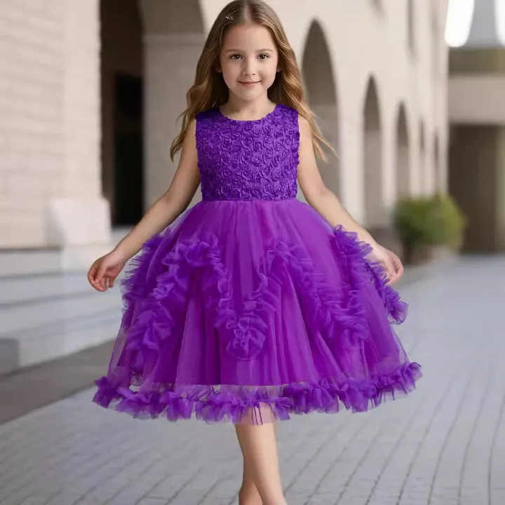 Korean style pink flower dresses for girls of 10 year old Fluffy mesh girl evening dress cake dress child girl birthday party