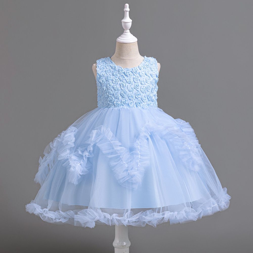 Korean style pink flower dresses for girls of 10 year old Fluffy mesh girl evening dress cake dress child girl birthday party